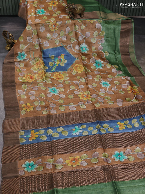 Pure tussar silk saree rust shade and brown with allover hand painted prints and zari woven border