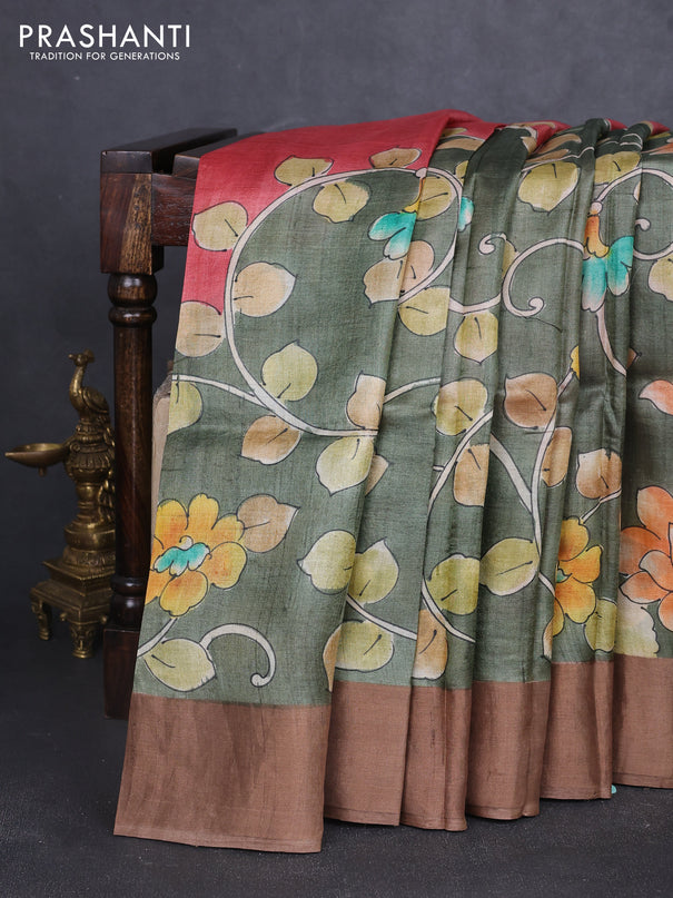 Pure tussar silk saree mehendi green and brown with allover hand painted prints and zari woven border
