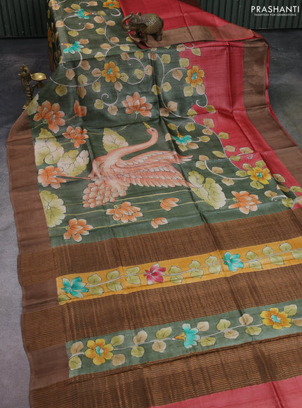 Pure tussar silk saree mehendi green and brown with allover hand painted prints and zari woven border