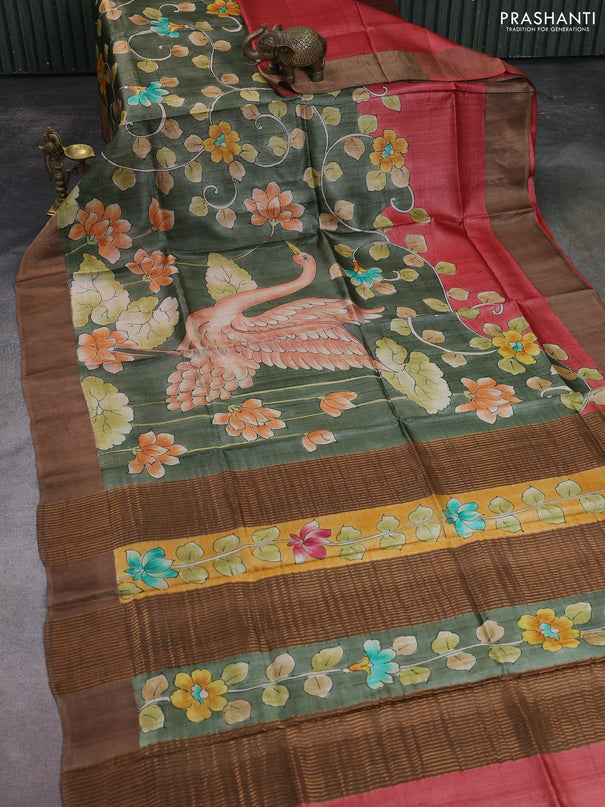 Pure tussar silk saree mehendi green and brown with allover hand painted prints and zari woven border