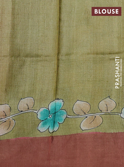 Pure tussar silk saree mehendi green and brown with allover hand painted prints and zari woven border