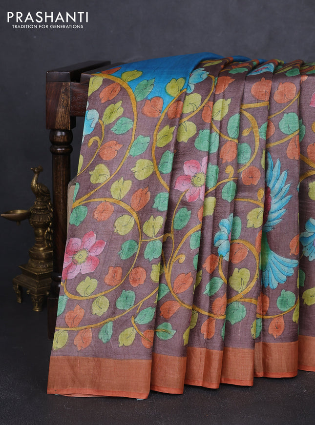 Pure tussar silk saree pastel maroon and orange with allover hand painted prints and zari woven border