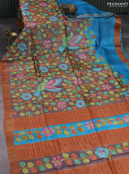 Pure tussar silk saree pastel maroon and orange with allover hand painted prints and zari woven border