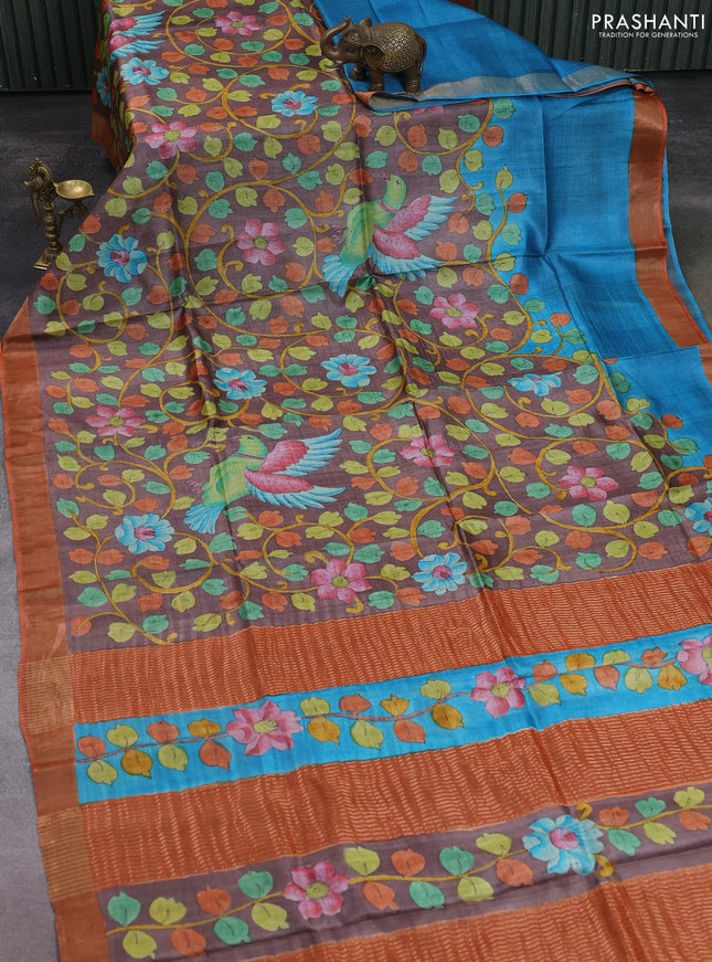 Pure tussar silk saree pastel maroon and orange with allover hand painted prints and zari woven border