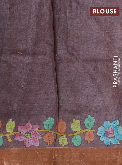 Pure tussar silk saree pastel maroon and orange with allover hand painted prints and zari woven border