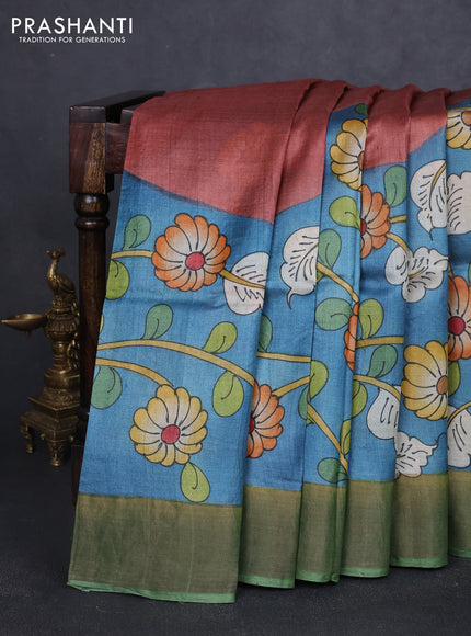Pure tussar silk saree bluish grey and pastel green with allover kalamkari hand painted prints and zari woven border