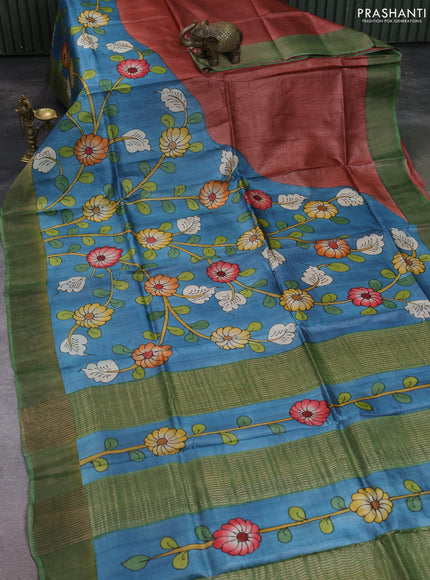Pure tussar silk saree bluish grey and pastel green with allover kalamkari hand painted prints and zari woven border