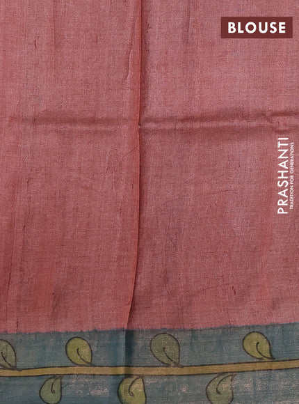 Pure tussar silk saree bluish grey and pastel green with allover kalamkari hand painted prints and zari woven border
