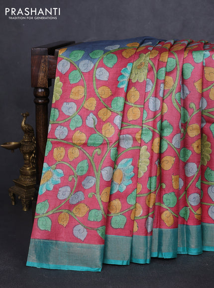 Pure tussar silk saree peach pink and teal green with allover kalamkari hand painted prints and zari woven border