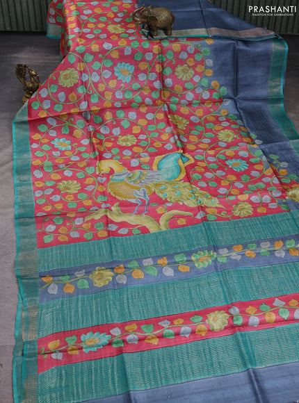 Pure tussar silk saree peach pink and teal green with allover kalamkari hand painted prints and zari woven border