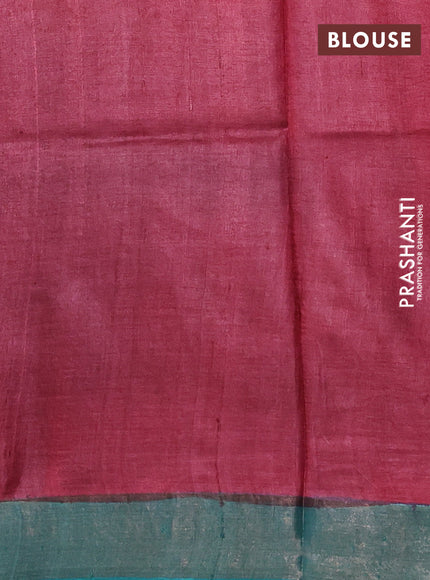 Pure tussar silk saree peach pink and teal green with allover kalamkari hand painted prints and zari woven border