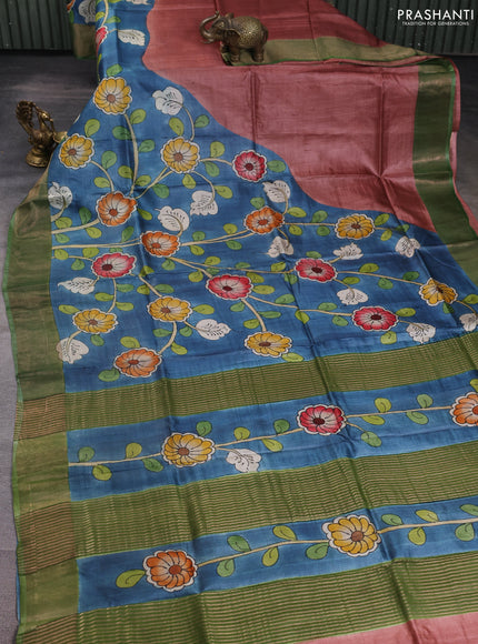 Pure tussar silk saree bluish grey and pastel green with allover kalamkari hand painted prints and zari woven border