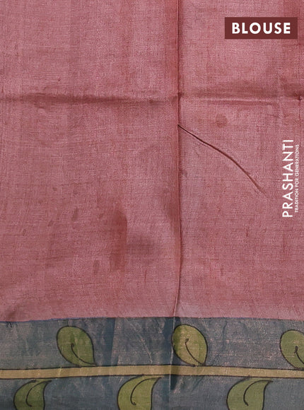 Pure tussar silk saree bluish grey and pastel green with allover kalamkari hand painted prints and zari woven border