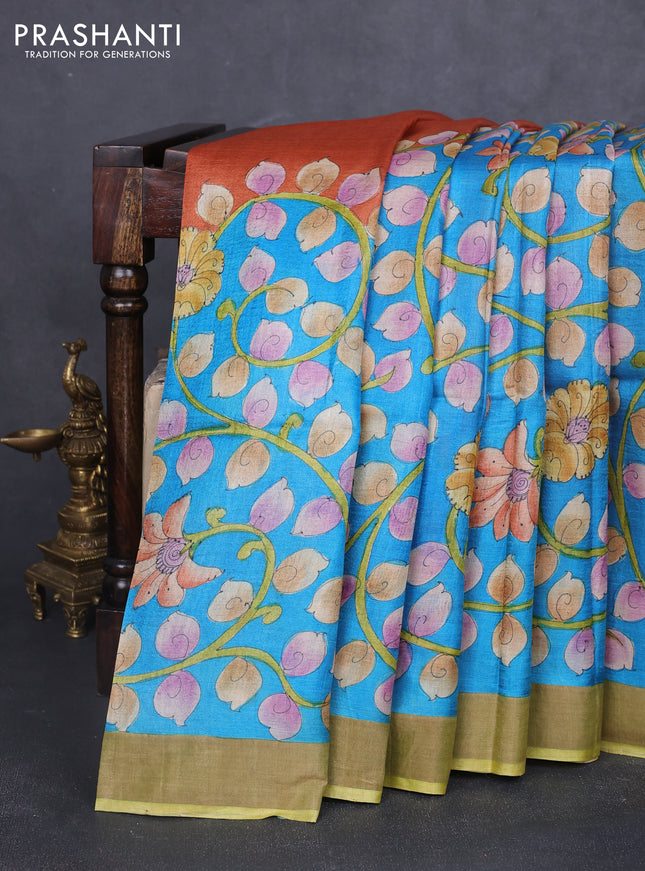 Pure tussar silk saree cs blue and mehendi green with allover kalamkari hand painted prints and zari woven border