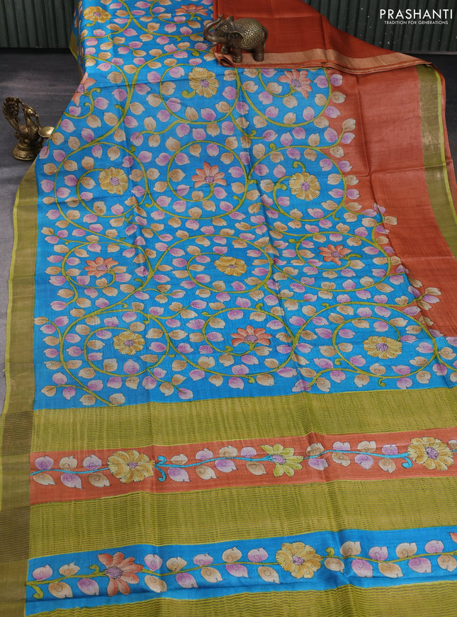 Pure tussar silk saree cs blue and mehendi green with allover kalamkari hand painted prints and zari woven border