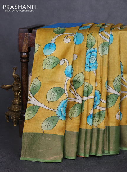 Pure tussar silk saree mustard yellow and pastel green with allover kalamkari hand painted prints and zari woven border