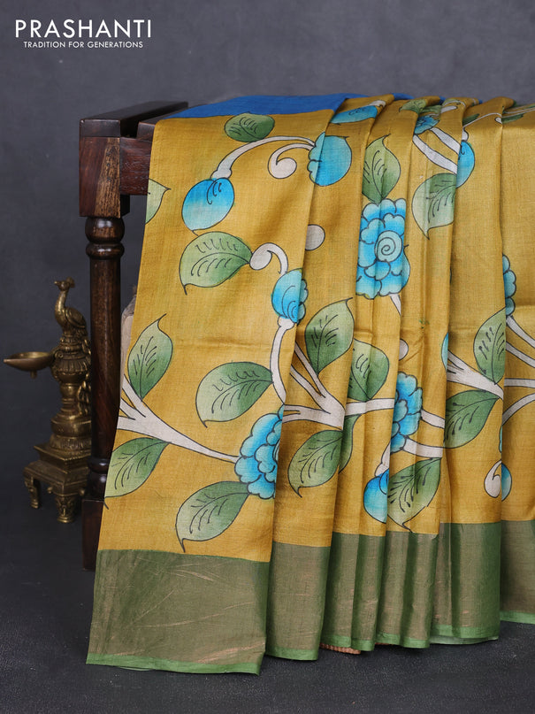 Pure tussar silk saree mustard yellow and pastel green with allover kalamkari hand painted prints and zari woven border