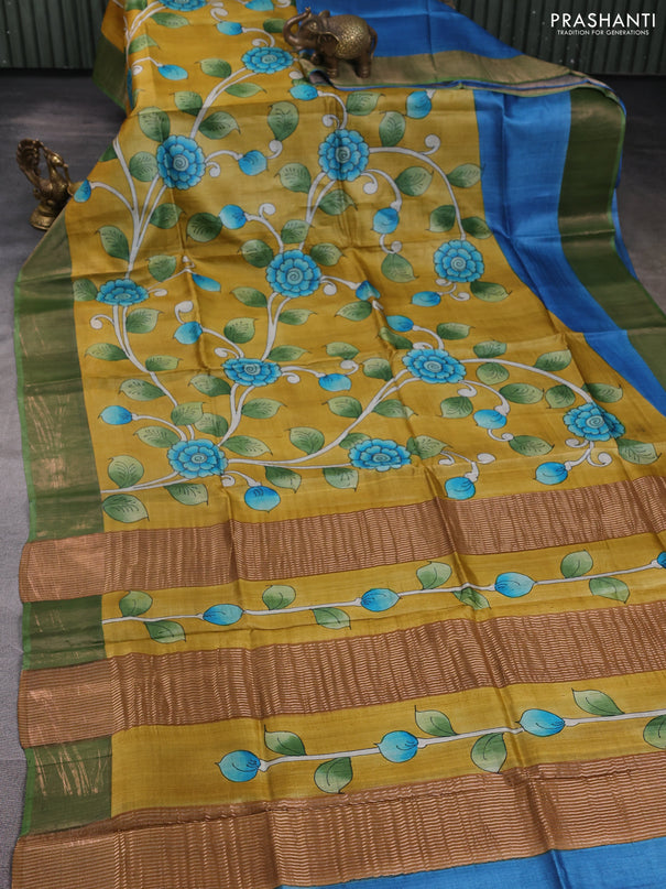 Pure tussar silk saree mustard yellow and pastel green with allover kalamkari hand painted prints and zari woven border