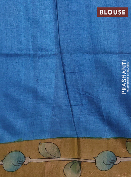 Pure tussar silk saree mustard yellow and pastel green with allover kalamkari hand painted prints and zari woven border