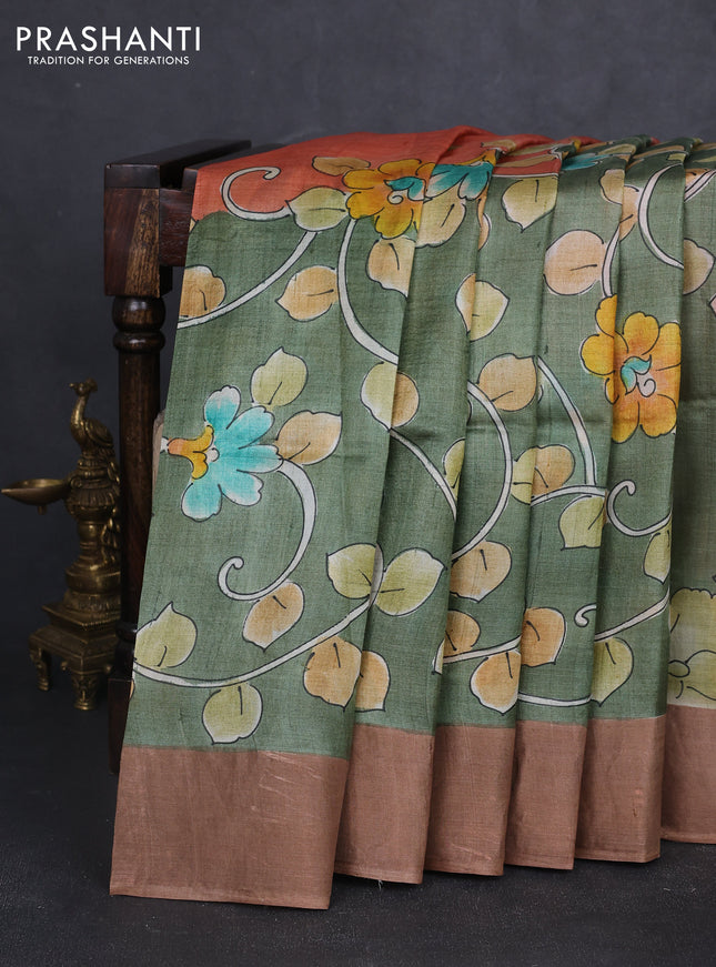 Pure tussar silk saree mehendi green and brown with allover kalamkari hand painted prints and zari woven border