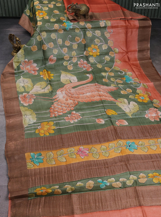 Pure tussar silk saree mehendi green and brown with allover kalamkari hand painted prints and zari woven border