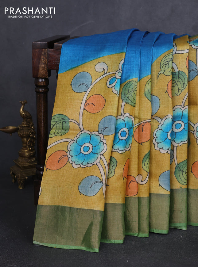 Pure tussar silk saree mustard yellow and pastel green with allover kalamkari hand painted prints and zari woven border