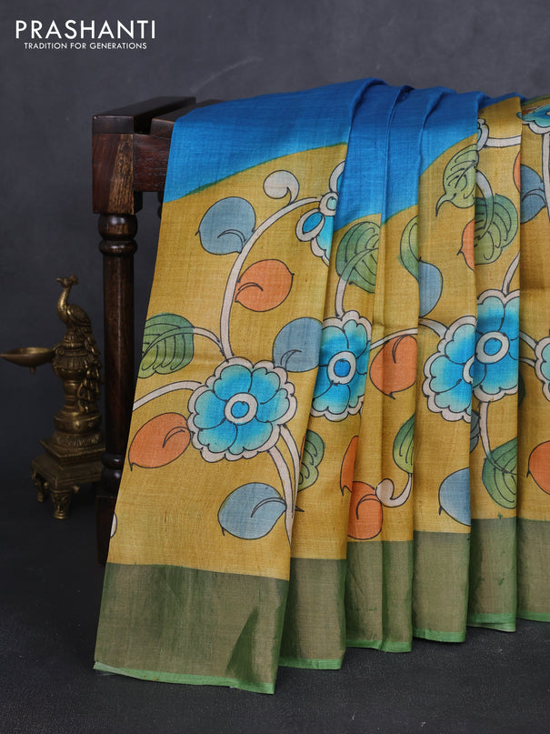 Pure tussar silk saree mustard yellow and pastel green with allover kalamkari hand painted prints and zari woven border