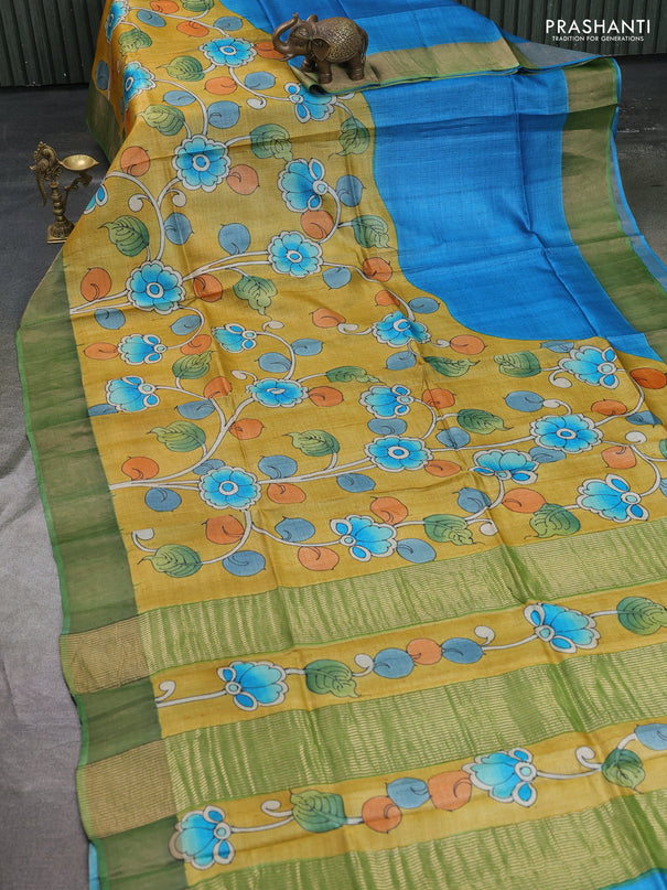 Pure tussar silk saree mustard yellow and pastel green with allover kalamkari hand painted prints and zari woven border