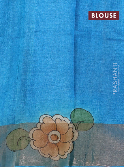 Pure tussar silk saree mustard yellow and pastel green with allover kalamkari hand painted prints and zari woven border