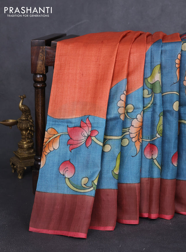 Pure tussar silk saree bluish grey and pink with allover kalamkari hand painted prints and zari woven border