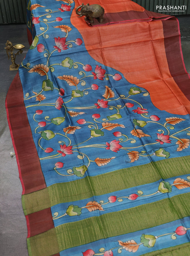 Pure tussar silk saree bluish grey and pink with allover kalamkari hand painted prints and zari woven border