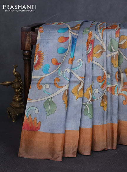 Pure tussar silk saree grey and peach shade with allover kalamkari hand painted prints and zari woven border