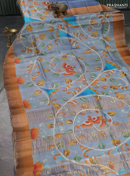Pure tussar silk saree grey and peach shade with allover kalamkari hand painted prints and zari woven border