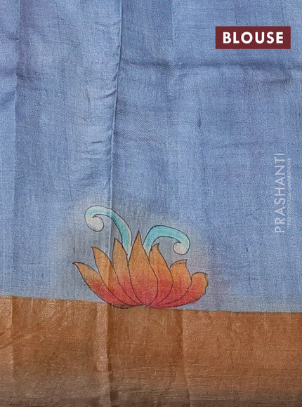 Pure tussar silk saree grey and peach shade with allover kalamkari hand painted prints and zari woven border