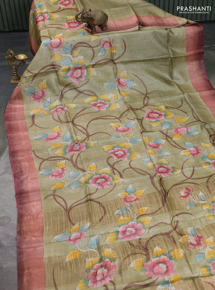 Pure tussar silk saree pastel green and peach piink with allover hand painted prints and zari woven border