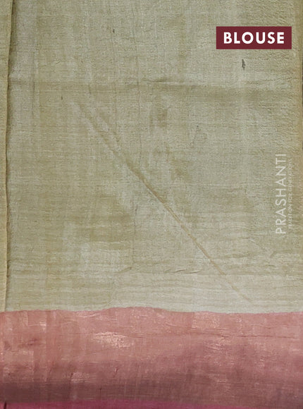 Pure tussar silk saree pastel green and peach piink with allover hand painted prints and zari woven border