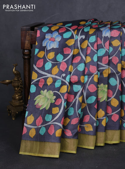 Pure tussar silk saree grey and pastel green with allover hand painted prints and zari woven border