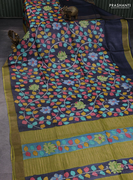 Pure tussar silk saree grey and pastel green with allover hand painted prints and zari woven border