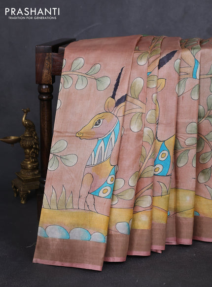 Pure tussar silk saree pastel pink with allover hand painted prints and zari woven border