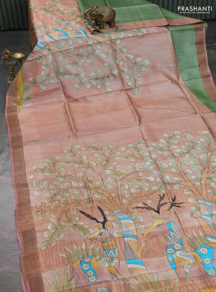 Pure tussar silk saree pastel pink with allover hand painted prints and zari woven border