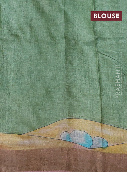 Pure tussar silk saree pastel pink with allover hand painted prints and zari woven border