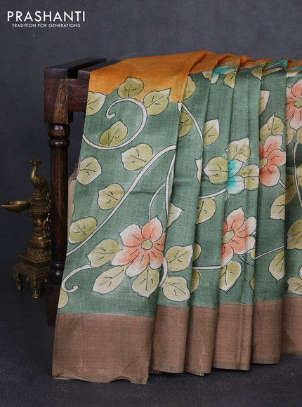 Pure tussar silk saree pastel green and brown with allover hand painted prints and zari woven border