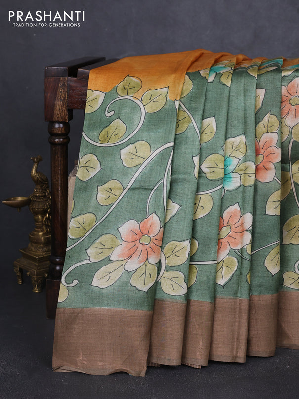 Pure tussar silk saree pastel green and brown with allover hand painted prints and zari woven border