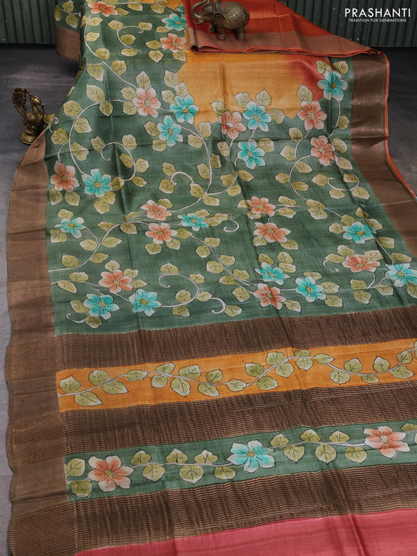 Pure tussar silk saree pastel green and brown with allover hand painted prints and zari woven border