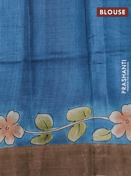 Pure tussar silk saree pastel green and brown with allover hand painted prints and zari woven border