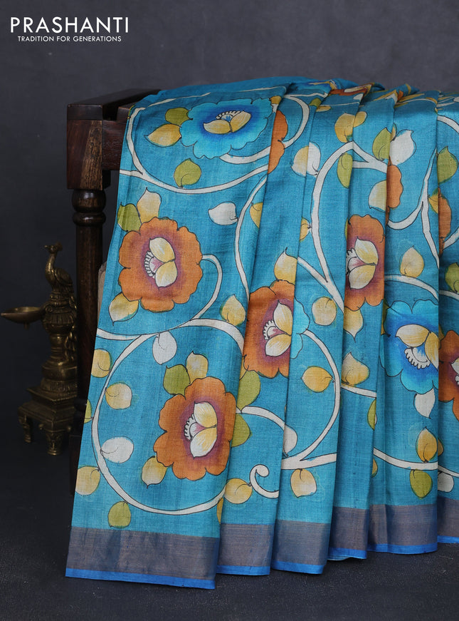 Pure tussar silk saree cs blue and blue with allover kalamkari hand painted prints and zari woven border