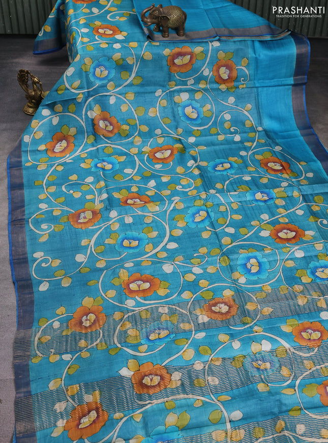 Pure tussar silk saree cs blue and blue with allover kalamkari hand painted prints and zari woven border