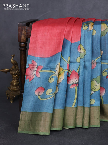 Pure tussar silk saree blue and pastel green with allover kalamkari hand painted prints and zari woven border