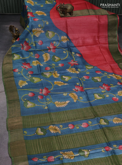 Pure tussar silk saree blue and pastel green with allover kalamkari hand painted prints and zari woven border
