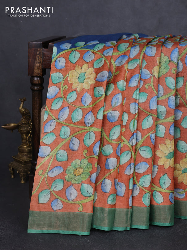 Pure tussar silk saree peach shade and green with allover kalamkari hand painted prints and zari woven border